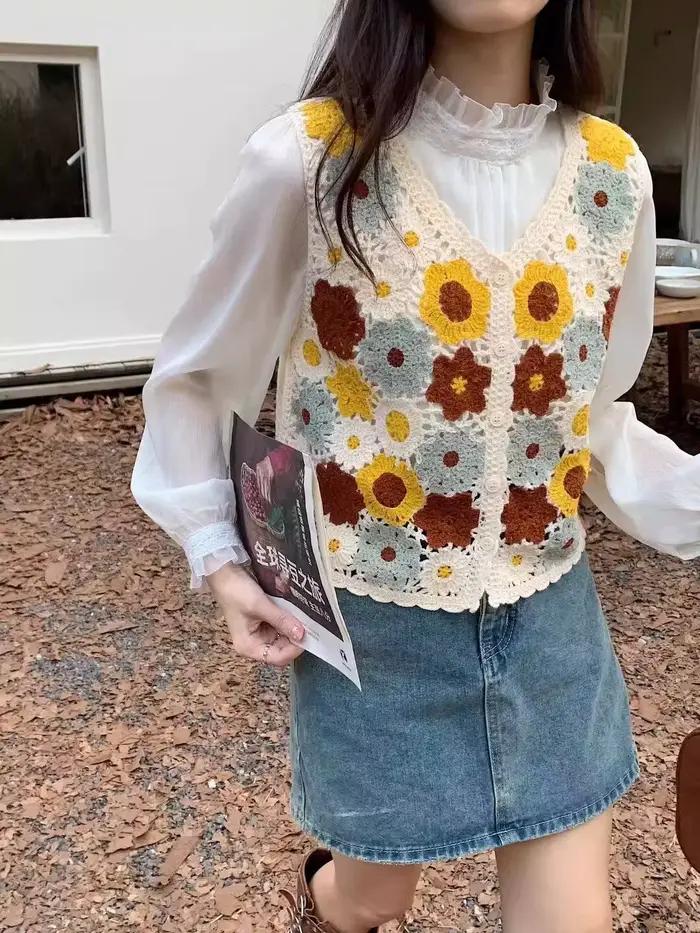 Haut en crochet Granny Square transparent pour femme style bohème occassions spéciales été printemps tricoté polyester ajustement confortable
