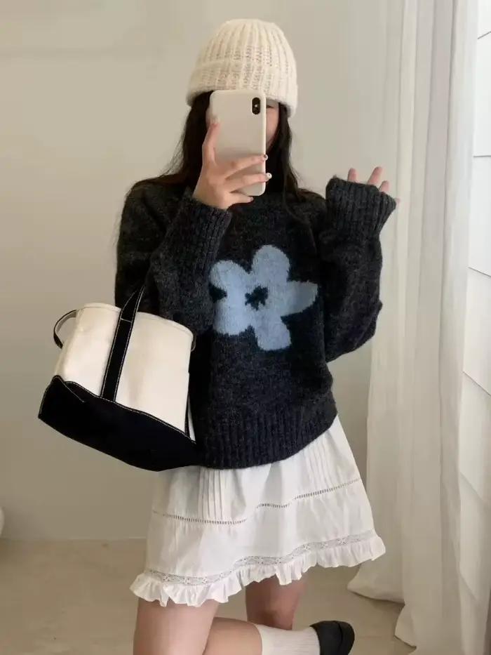 Nouveau Floral Jacquard Vintage pulls pour femmes automne hiver vêtements col rond Pull décontracté coréen tricoté Chic