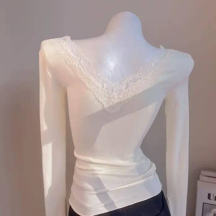 T-shirt en dentelle blanche pour femme style français élégant et décontracté manches longues occasionnels spéciaux