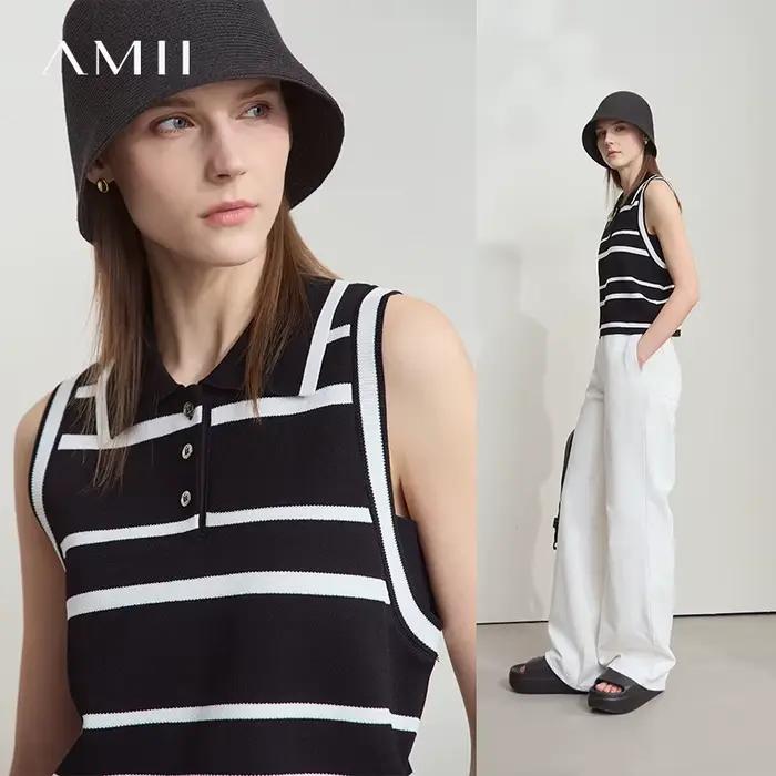 Nouveau pull AMII en viscose et nylon col rabattu sans manches rayé pour femmes style décontracté et élégant occassions spéciales