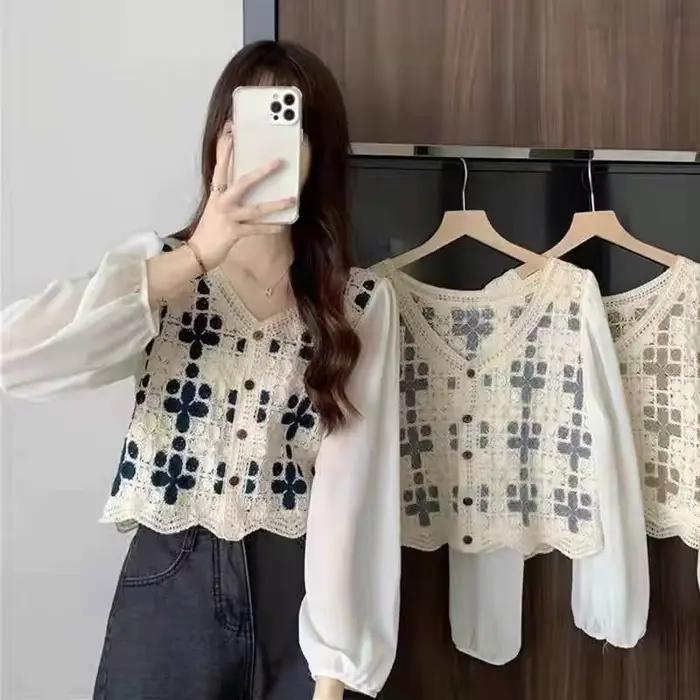 Chemisier au crochet polyester fairycore pour femmes adolescentes printemps été tenue cottagecore plis géométriques mousseline de soie