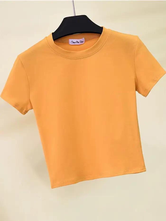 Vert haut court T-Shirt Femme solide coton col rond manches courtes T-shirts pour femmes taille haute mince