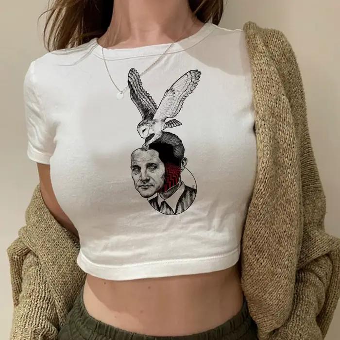 Twin Peaks Ring Owl crop top shoujo fille style recadrée y2k coquette gothique Grunge corset vintage femme t-shirt