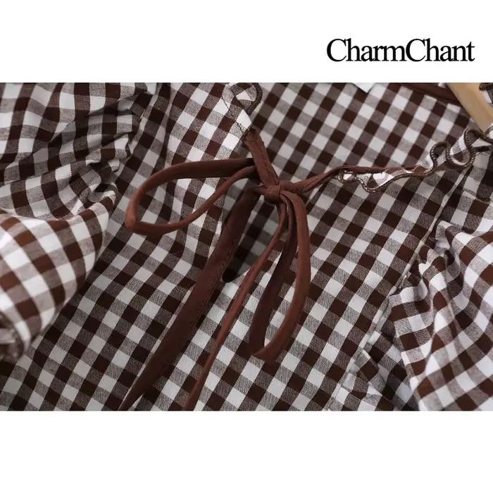Femmes coton vichy recadrée à volants cravate cou Blouse printemps automne 2026 Chic moderne à manches longues chemise