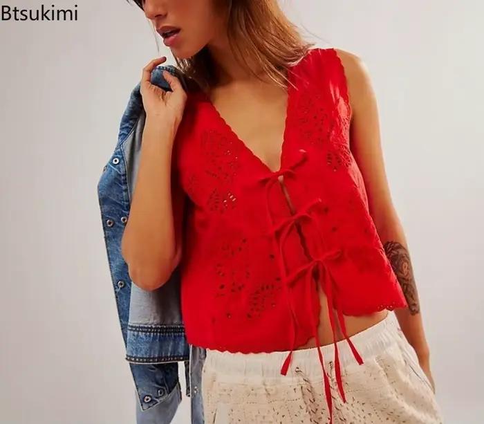 Débardeur brodé à nœud papillon pour femmes, haut court sans manches, col en V, style français, mignon, pour sorties d'été, Y2K