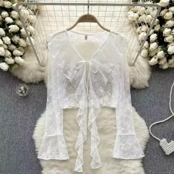 Chemisier en polyester fin à volants fleuris pour femmes élégant et sexy pour les occasions spéciales été 2026