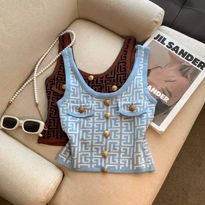 Haut sans manche en polyester soie glacée col carré haut de gamme américain retro pour femmes occasions spéciales été