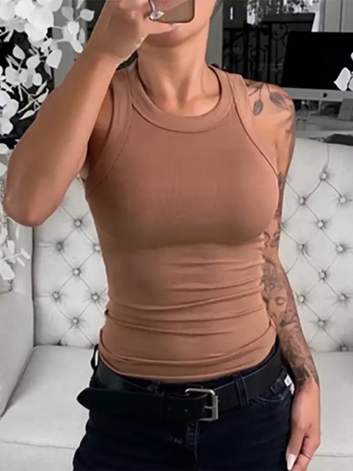 Femmes solide col rond côtelé débardeur Camisole