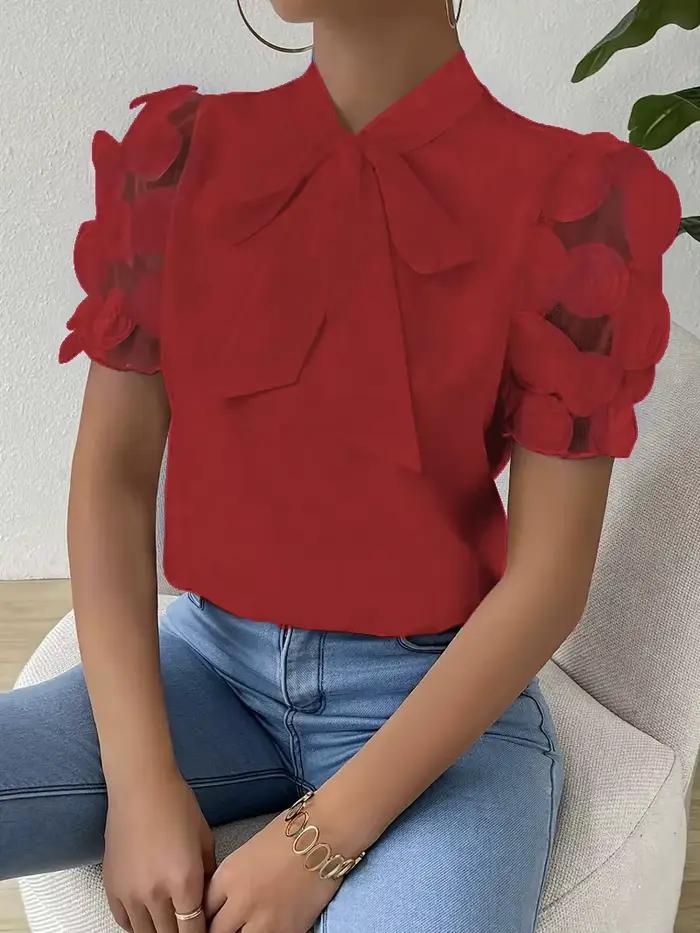 Chemisiers pour femmes à la mode col rond maille Patchwork chemisier à manches courtes avec cravate au cou