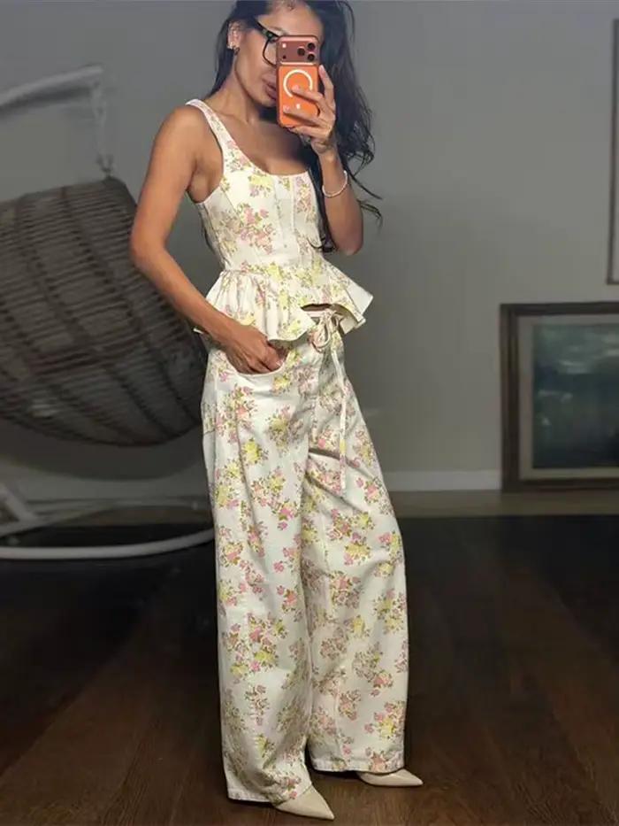 Ensemble de pantalon pour femmes imprimé floral décontracté printemps été occassions spéciales