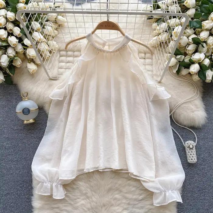 Chemisier chic français pour femme épaules dénudées perles col rond manches évasées élégant pour occasions spéciales femmes style bureau années toute saison