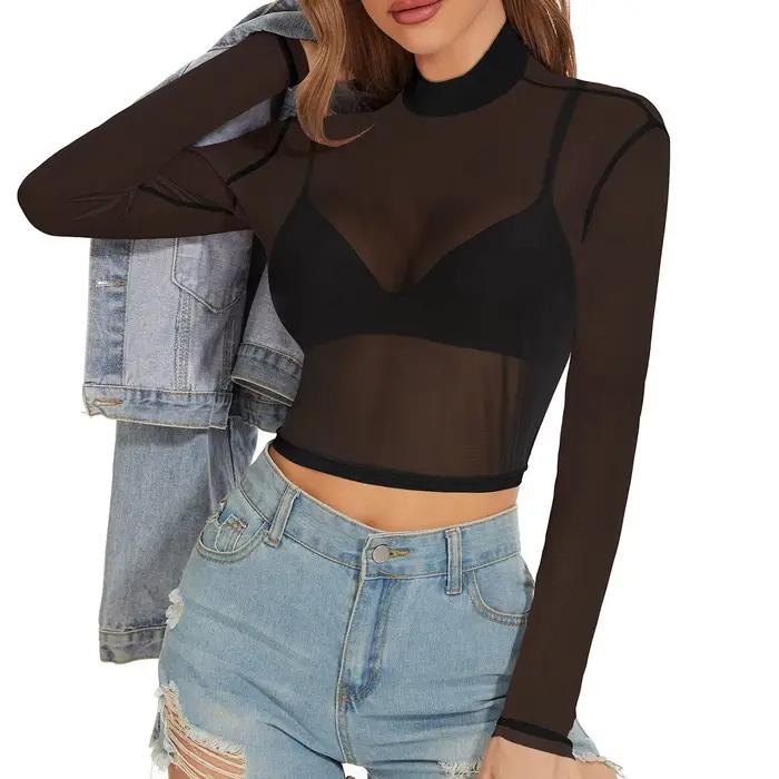 Grande taille S-5XL Sexy femmes T-Shirt voir à travers des hauts en maille transparente à manches longues pure mince