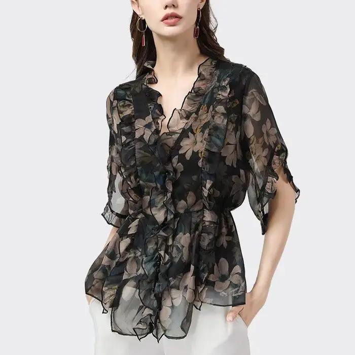 Chemise en mousseline de soie florale pour femmes au printemps et en automne 2025