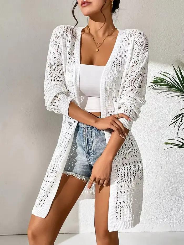 Cardigan blanc en crochet pour femme style kimono maille ajourée ajustement lâche polyester pour plage et ville occasions spéciales