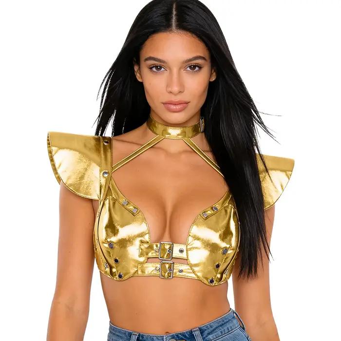 Haut court Alien Astronaut en polyester et cuir véritable pour femmes, armure gothique brillante avec manches volantes pour cosplay et occasions spéciales