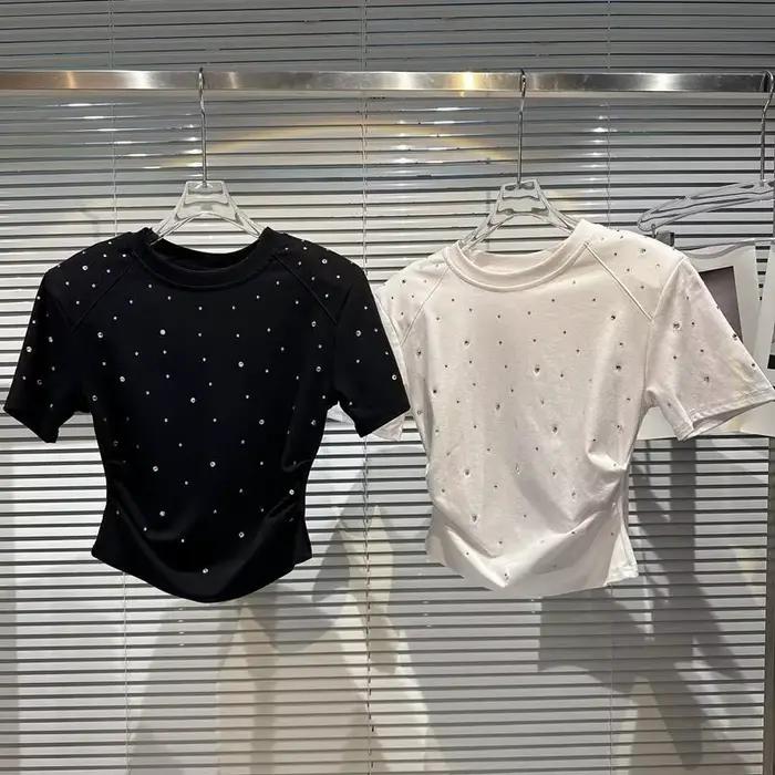 2025 été nouveau strass hotfix motif épaulette haut court T-shirt à manches courtes