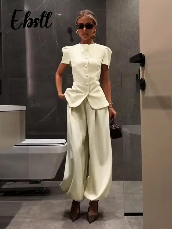 Haut à manches courtes et pantalon ample pour femme, couleur unie, col rond, hauts cintrés à boutonnage simple, pantalon ample coupe lanterne, tenues printemps été