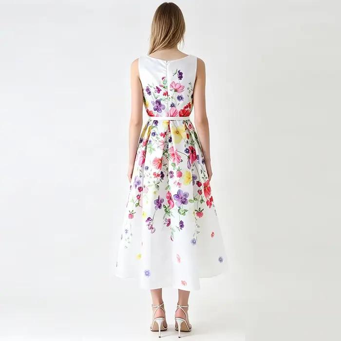 Robe longue sans manches bleu marine à imprimé floral pour femme élégante coupe trapèze avec ceinture pour fêtes et mariages