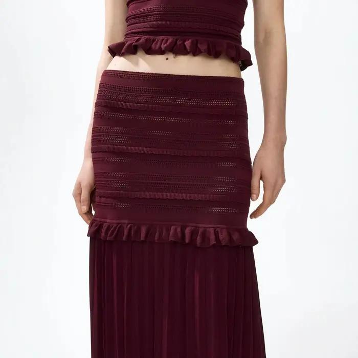 Ensemble 2 pièces haut en maille froncé et jupe longue taille haute