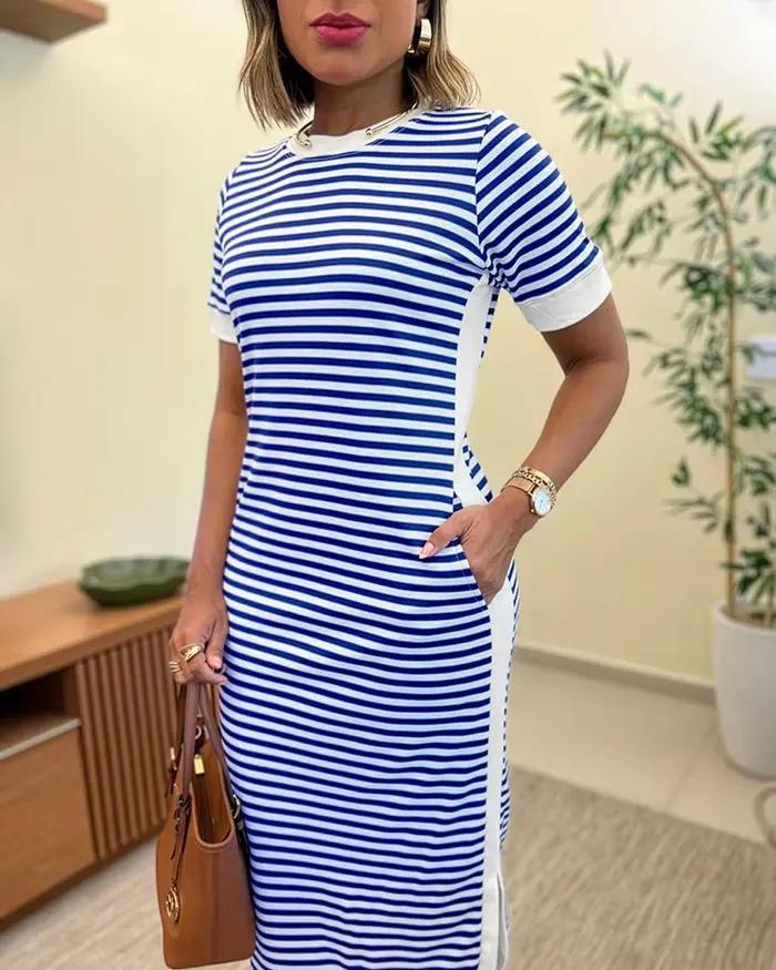Robe t-shirt mi-longue rayée color-block pour femme décontractée avec taille cintrée et fente latérale ocassions spéciales femmes adultes mode printemps été polyester tricoté