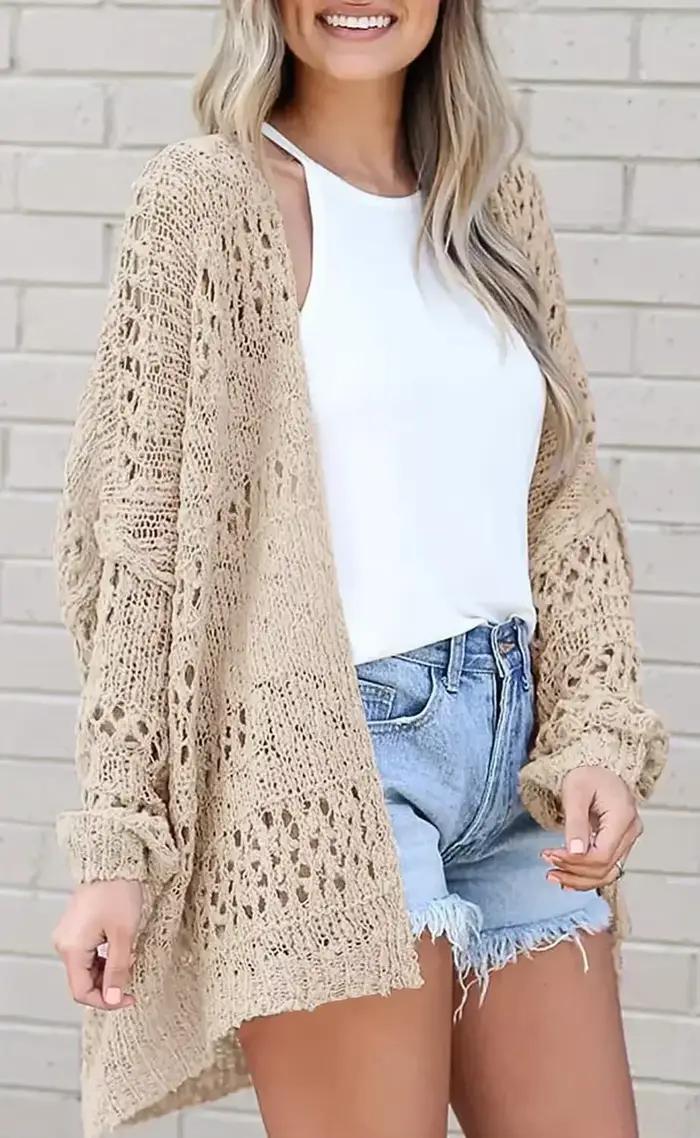 Cardigan Crochet Femme Manches Longues Coupe Ample Décontracté Automne Hiver Occasions Spéciales