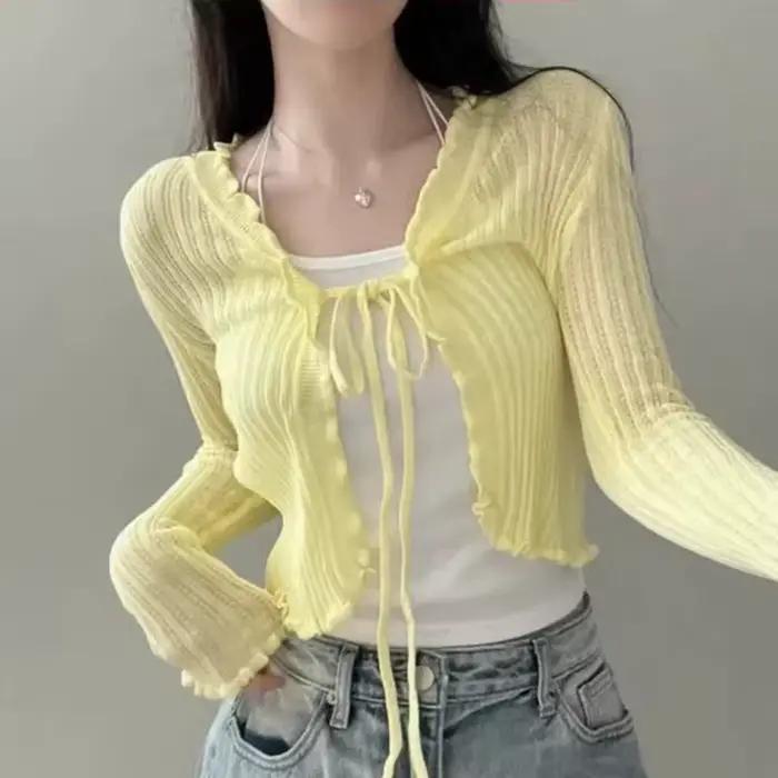 Haut court féerique garnitures à volants nouage devant polyester pour femmes printemps été tenue Y2K junior
