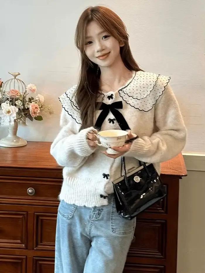 Nuisette kawaii en polyester et coton pour femme avec arc décoratif et collier Peter Pan pour occasions spéciales automne hiver