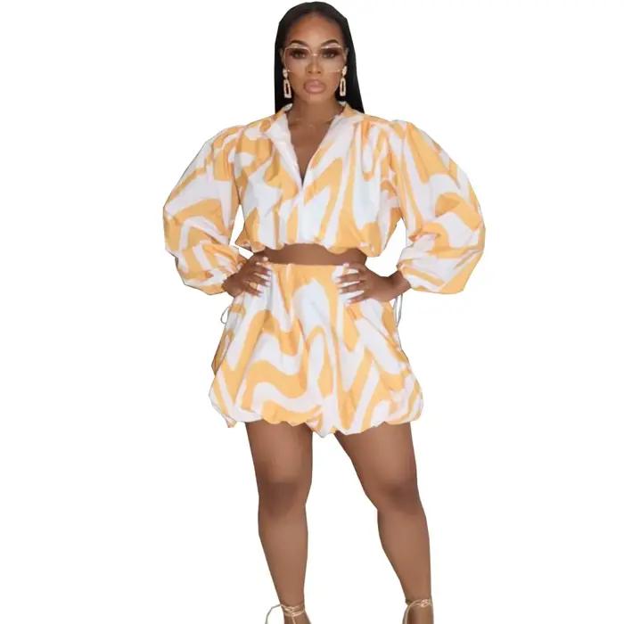 Ensemble jupe et chemise à manches bouffantes pour femmes, style sexy et club, col en V, fermeture éclair, ample et décontracté, pour soirées et journées estivales