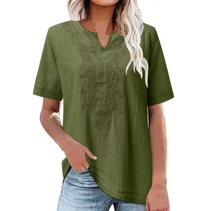 T-shirt décontracté ample à manches courtes en lin et coton brodé avec col en V et poche pour femme