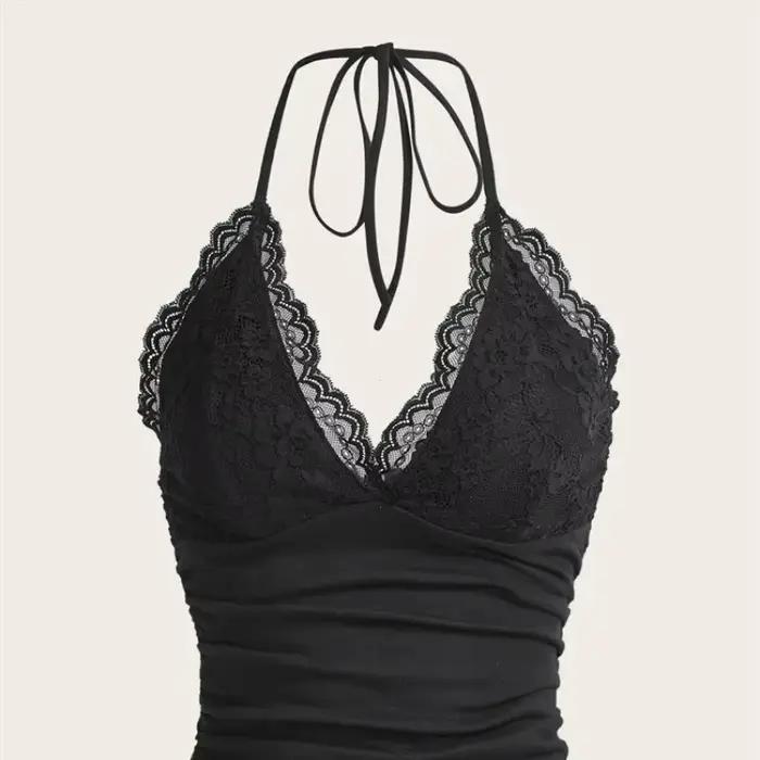 Haut à licou en dentelle noire pour femmes, vêtements gothiques Punk, couleur unie, froncé, dos nu, sans manches, Streetwear, Y2k