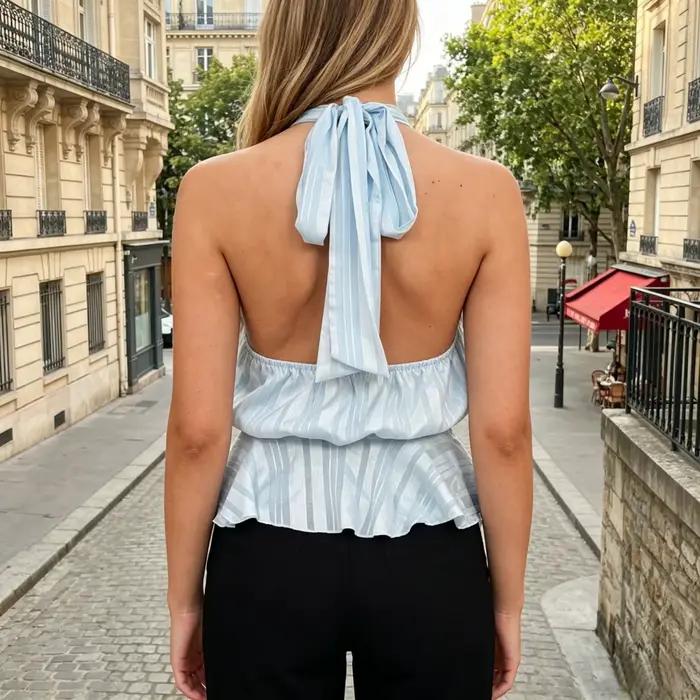 Hauts d'été dos nu pour femmes, style streetwear décontracté et élégant, ajustés à la taille, à nouer, rayés, sans manches, mode été 2026