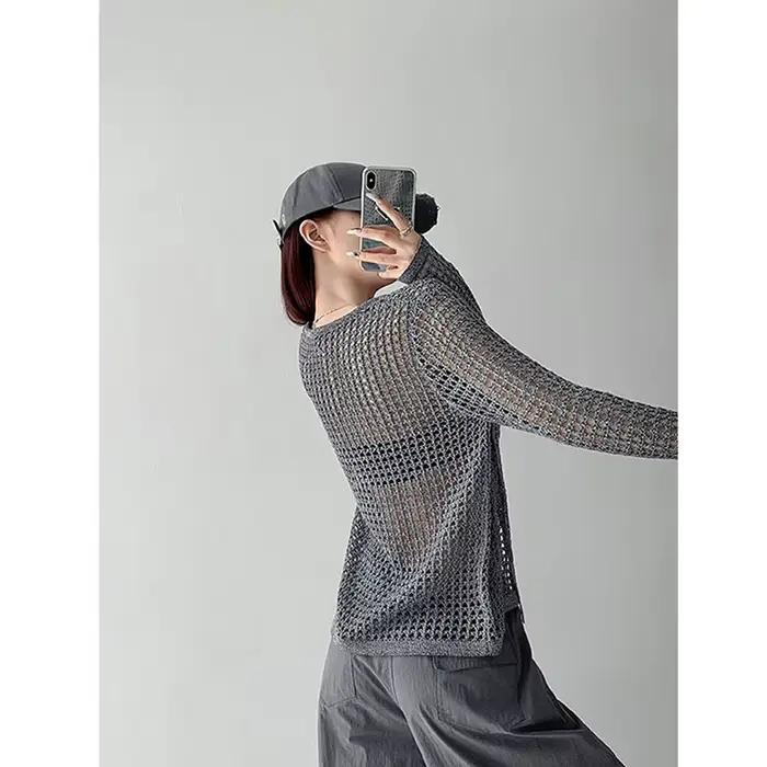 Haut croché résille Y2K streetwear femme pull ajouré fendu anti-UV tricot transparent sexy vêtement club tricots ocassions spéciales