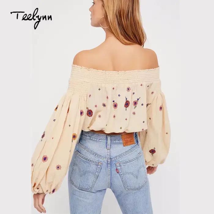 TEELYNN chemisier Boho court 2025 broderie florale sexy épaules nues été haut