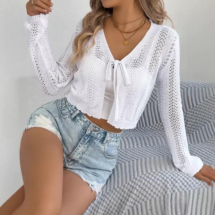 Shoujo fille esthétique Crochet tricot cravate devant Cardigan à manches longues col en V décontracté haut court filles Y2K vêtements