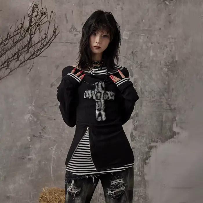 Karrcat Grunge esthétique faux deux pièces hauts Trashy Y2k à manches longues tricoté