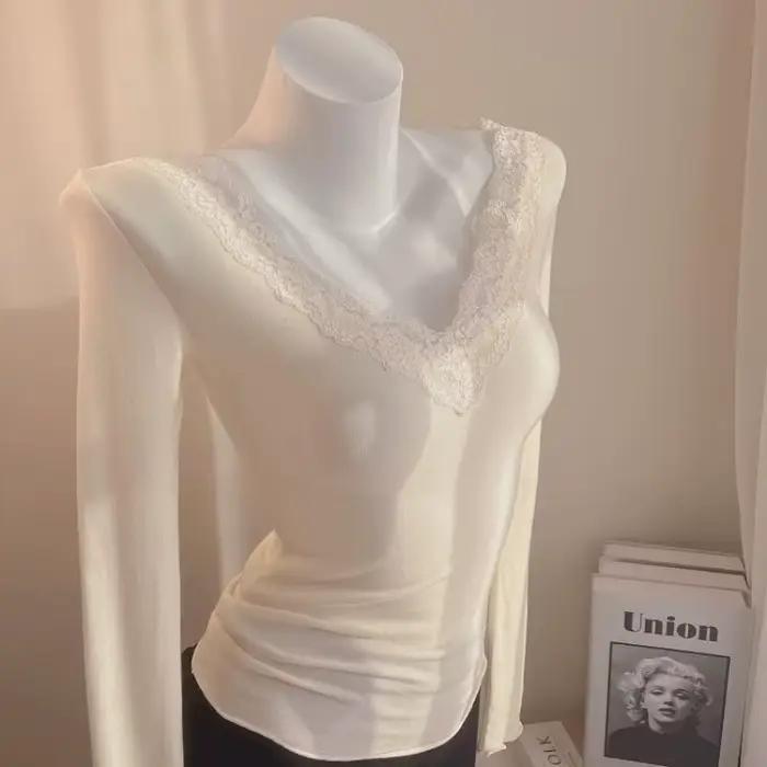 T-shirt en dentelle blanche pour femme style français élégant et décontracté manches longues occasionnels spéciaux