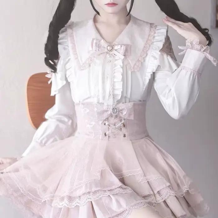 Chemisiers et blouses Lolita à nœud et dentelle pour femme style kawaii japonais avec boutons cœur nouveaux hauts printemps et automne occasions spéciales