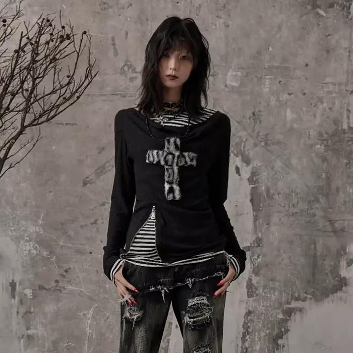 Karrcat Grunge esthétique faux deux pièces hauts Trashy Y2k à manches longues tricoté
