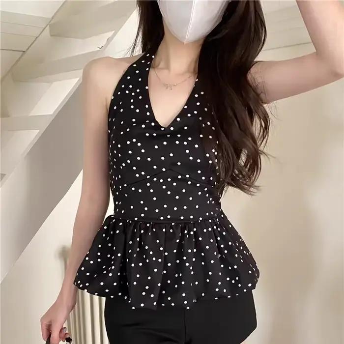 Bourgeon t-shirt pour femmes doux à pois licou col en V printemps été Ropa De Mujer mode coréenne volants hauts