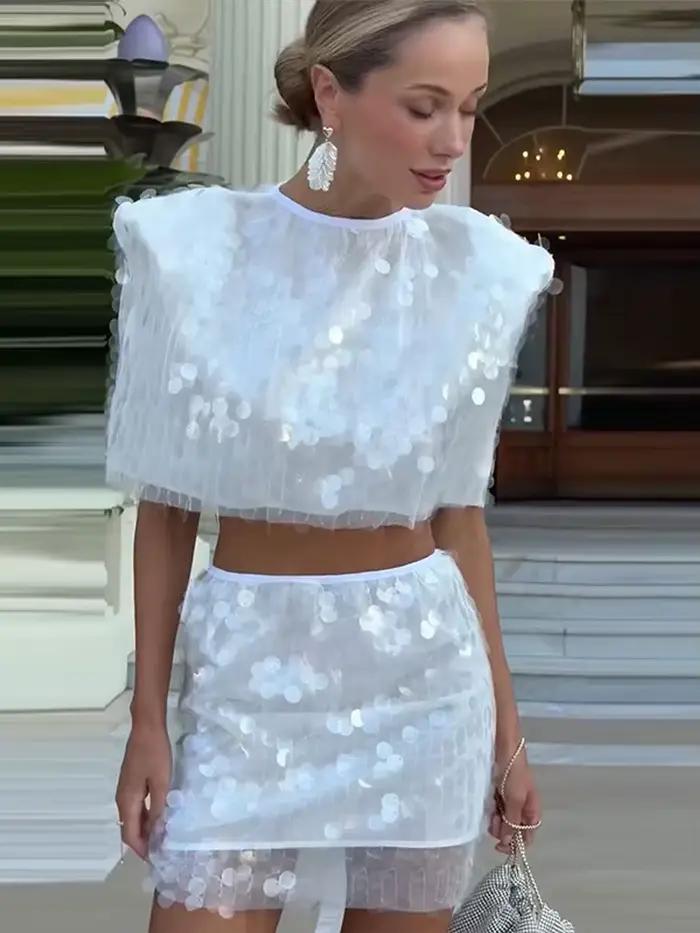 Ensemble chic 2 pièces pour femme : Haut court à sequins et mini-jupe