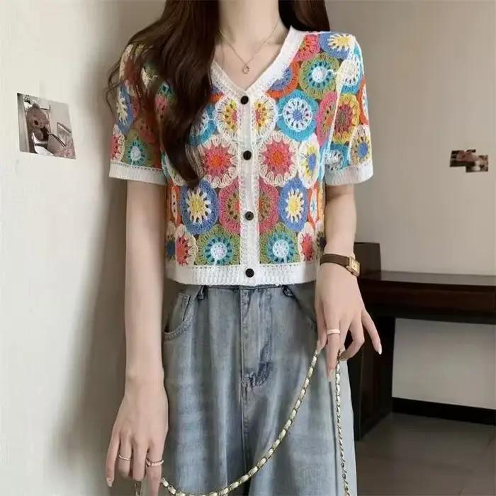 Haut boutonné au crochet transparent à manches courtes pour femmes, style bohème vintage Fairycore, occassions spéciales