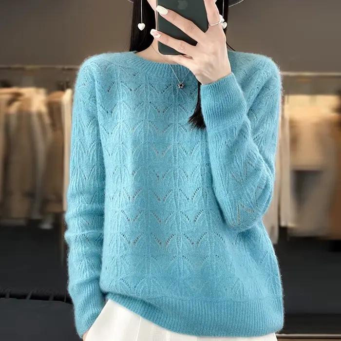 BELIARST vêtements pour femmes pull printemps et automne nouveau tricoté haut creux 100% laine mérinos col rond