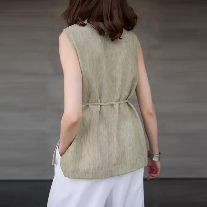 Haut en lin mi-long col rond débardeur femme style american retro sans manches amples pour les journées chaudes et les soirées chic