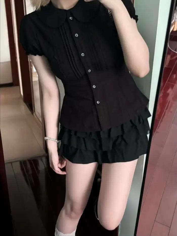 2025 été mignon col de poupée recadrée hauts noirs conception Kawaii à manches courtes chemise de Base Vintage à lacets vêtements décontractés tenues Y2k