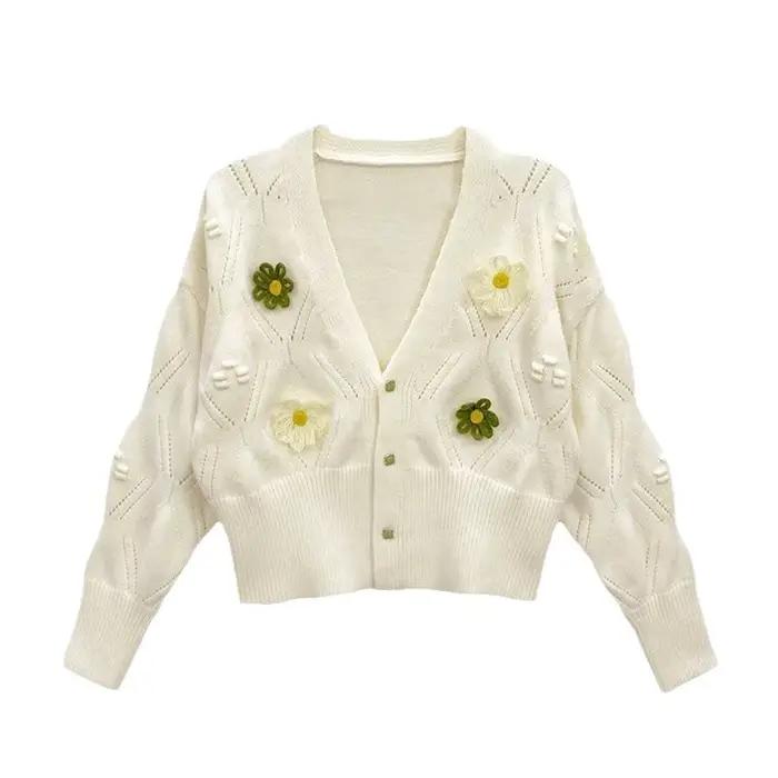 Cardigan court vert à fleurs pour femme