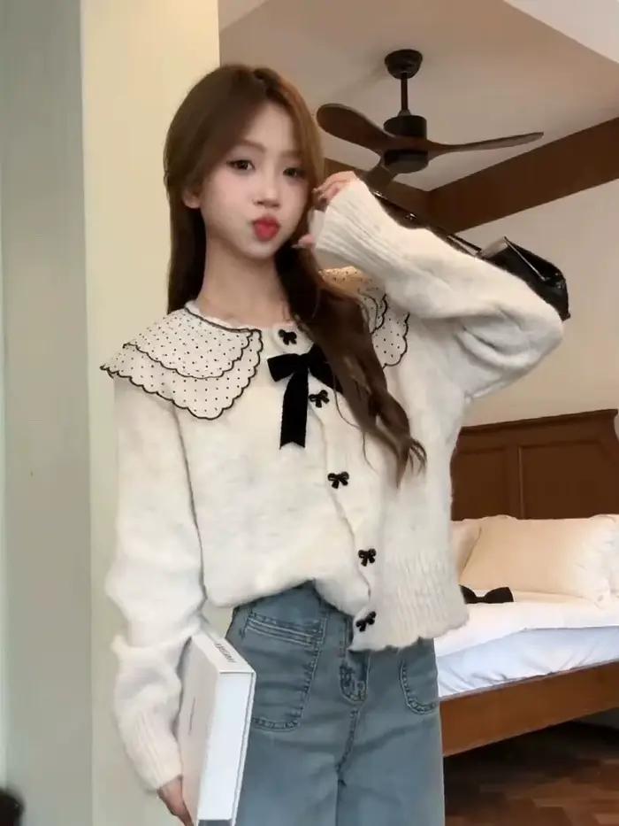 Nuisette kawaii en polyester et coton pour femme avec arc décoratif et collier Peter Pan pour occasions spéciales automne hiver