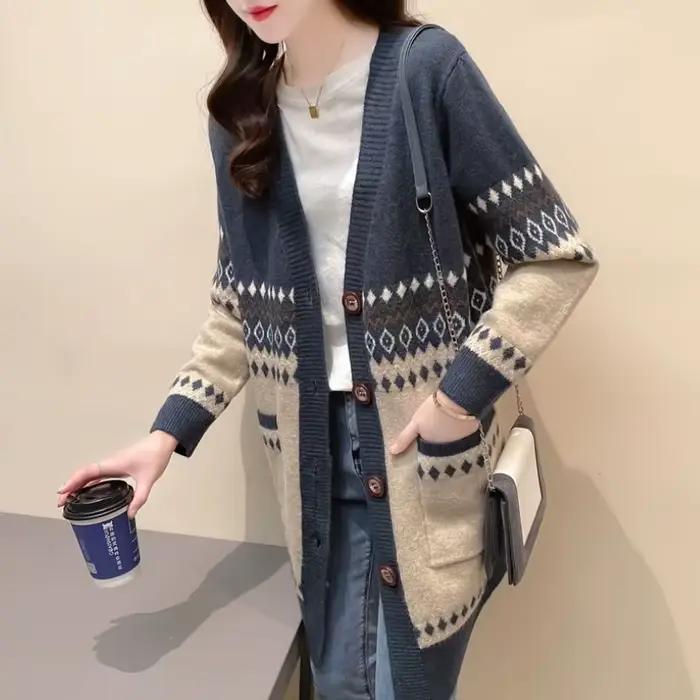 Pull tricoté graphique femme Long nouveau en tricots haut au Crochet porter au travail coréen Streetwear bureau Cardigan ample pour les femmes