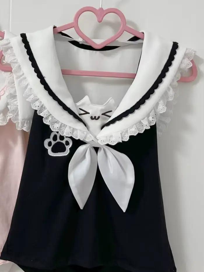 Japonais Kawaii Chat Dessin Animé Mignon Hauts Y2k Esthétique Dentelle Patchwork Mince Récolte T-shirts Grunge