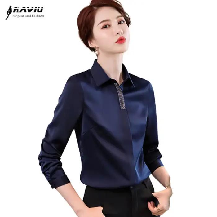 Chemise bleu marine à manches longues en mousseline de soie pour femme
