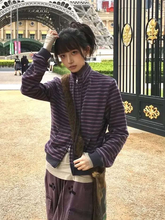 Tonngirls Y2k sweats japonais femmes à manches longues rayé col montant sweat haute rue graphique manteaux d'hiver e-girls